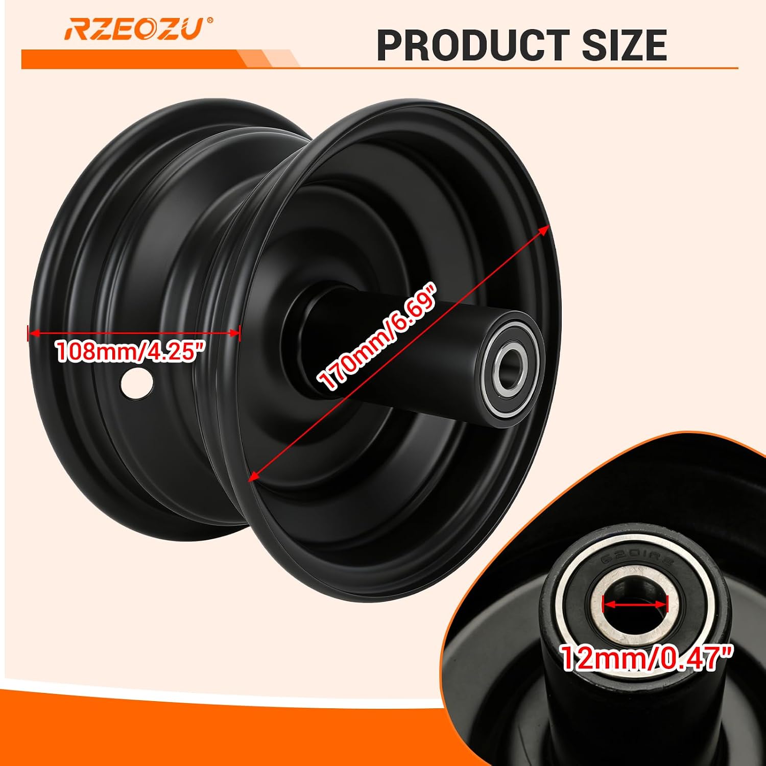 6" Mini Bike Front Wheel Rims Replacement for Coleman CT100U CC100X Baja Doodlebug DB30 Monster Mega Moto 80 105cc Motovox MBX10 GMB100 Minibike Parts with 6201RS Bearings for 145/70-6 Tire