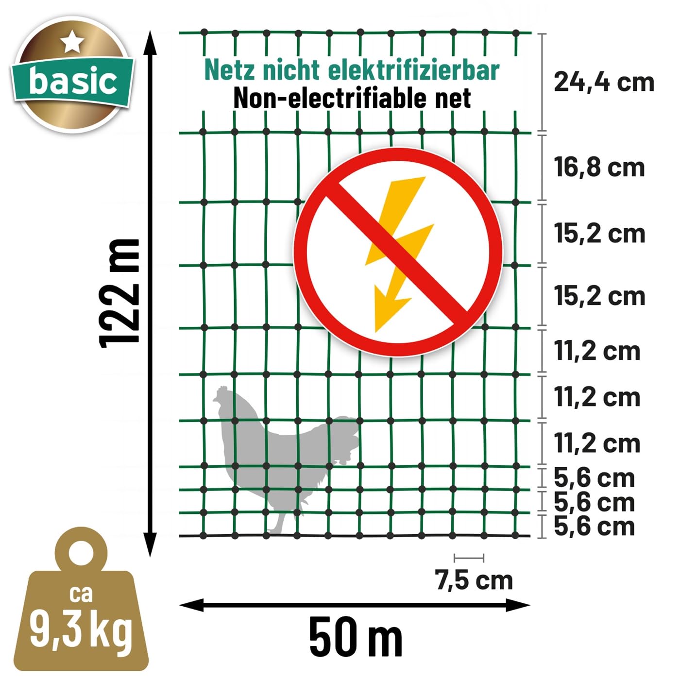 VOSS.farming Geflügelnetz 50m 122cm hoch BASIC Hühnerzaun nicht elektrifizierbar, 14 stabile Pfähle mit Doppelspitze, grüner Geflügelzaun, flexibler Zaun, mobiler Begrenzungszaun für Hühner, Haustiere