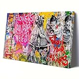 Banksy Love Is All We Need - Street Graffiti Canvas Wall Art - Framed Pop Art Decor Ready to Hang 16x24in