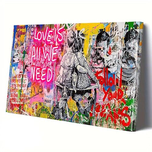 KDKJTOP Love Is All We Need Banksy Pop Art Street Graffiti Wall Art Abstract Color Picture Art Print on Canvas Wall Art Picture for Living Room Bedroom Office Home Decor Ready to Hang 30x40cm/12x16in