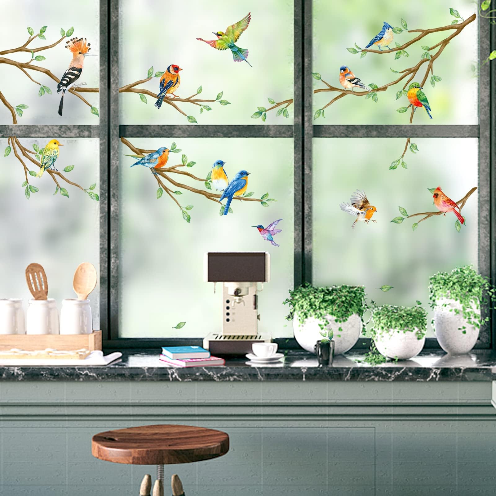 Decalmile Tree Branch Double Sided Hummingbird & Bird Window Clings - Anti-Collision Glass Stickers