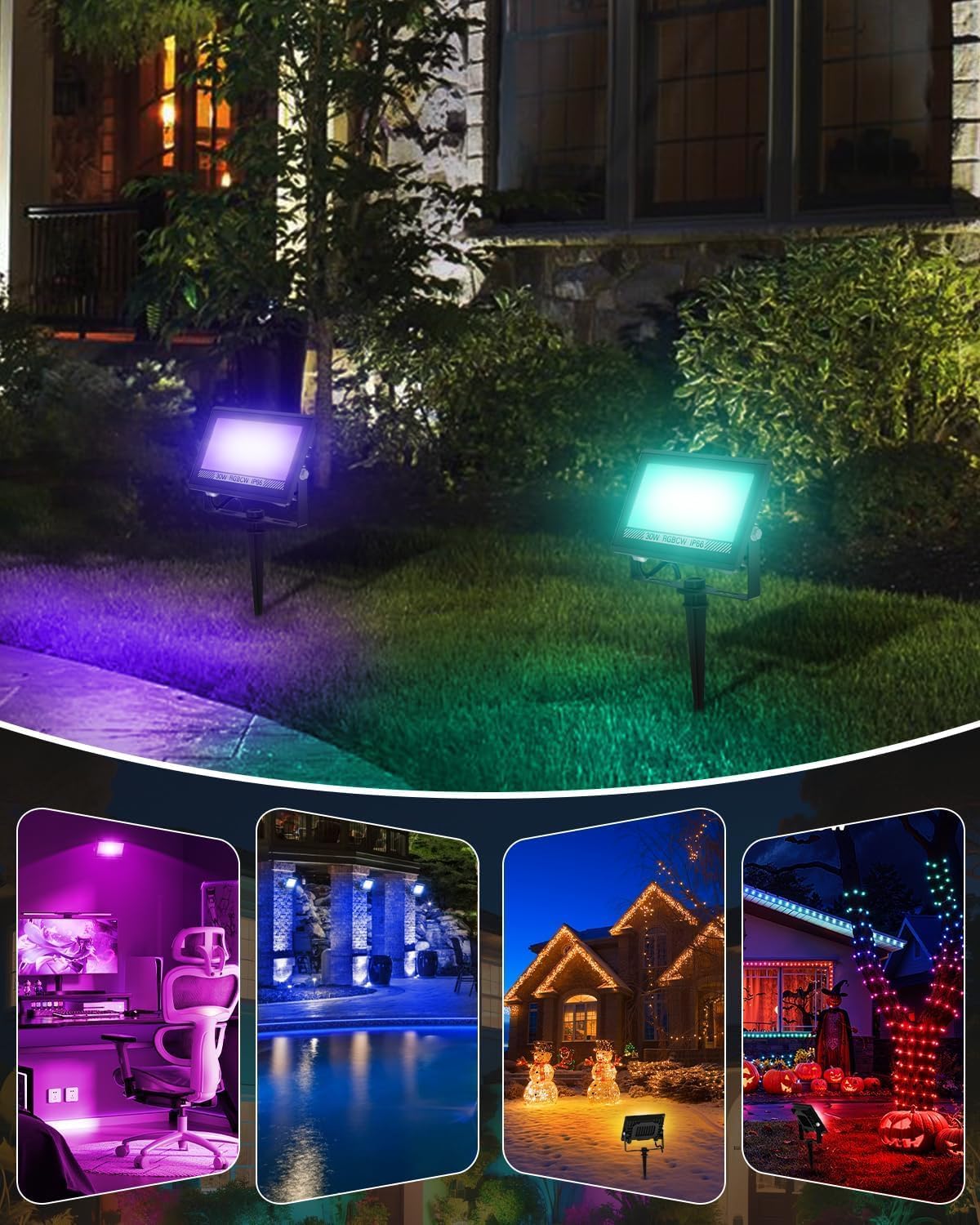 T-SUN Christmas LED Flood Light, 30W RGBCW Dimmable Outdoor Smart Lights, Color Changing LED Light with Remote & APP Control Waterproof Up Lights, Music Sync Stage Spot Light for House, Party (4 Pack)