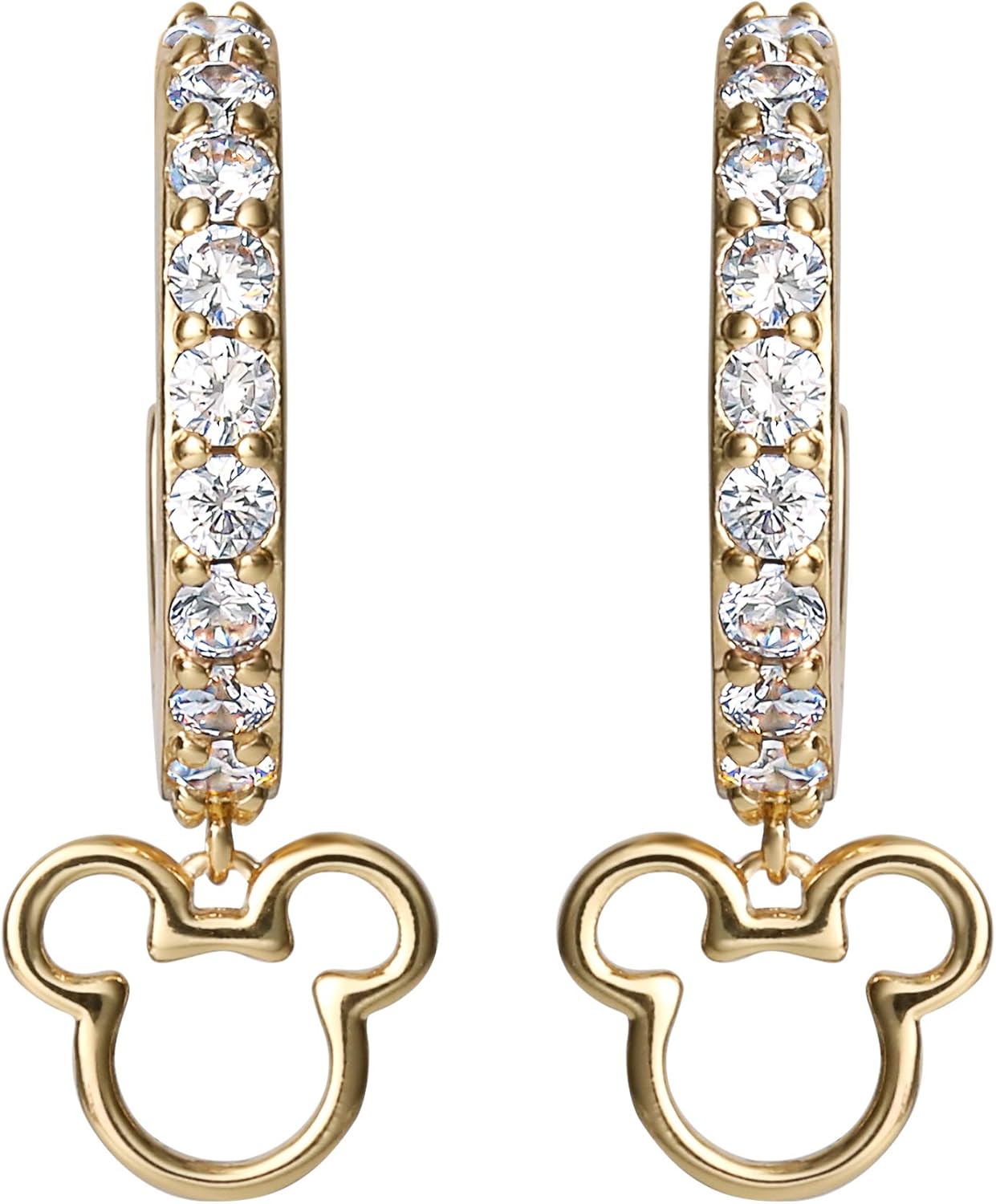 Disney Mickey Mouse Hoop Earrings for Women Official License, Gold Flash-Plated Cubic Zirconia Hoops with Mickey Dangle Charm