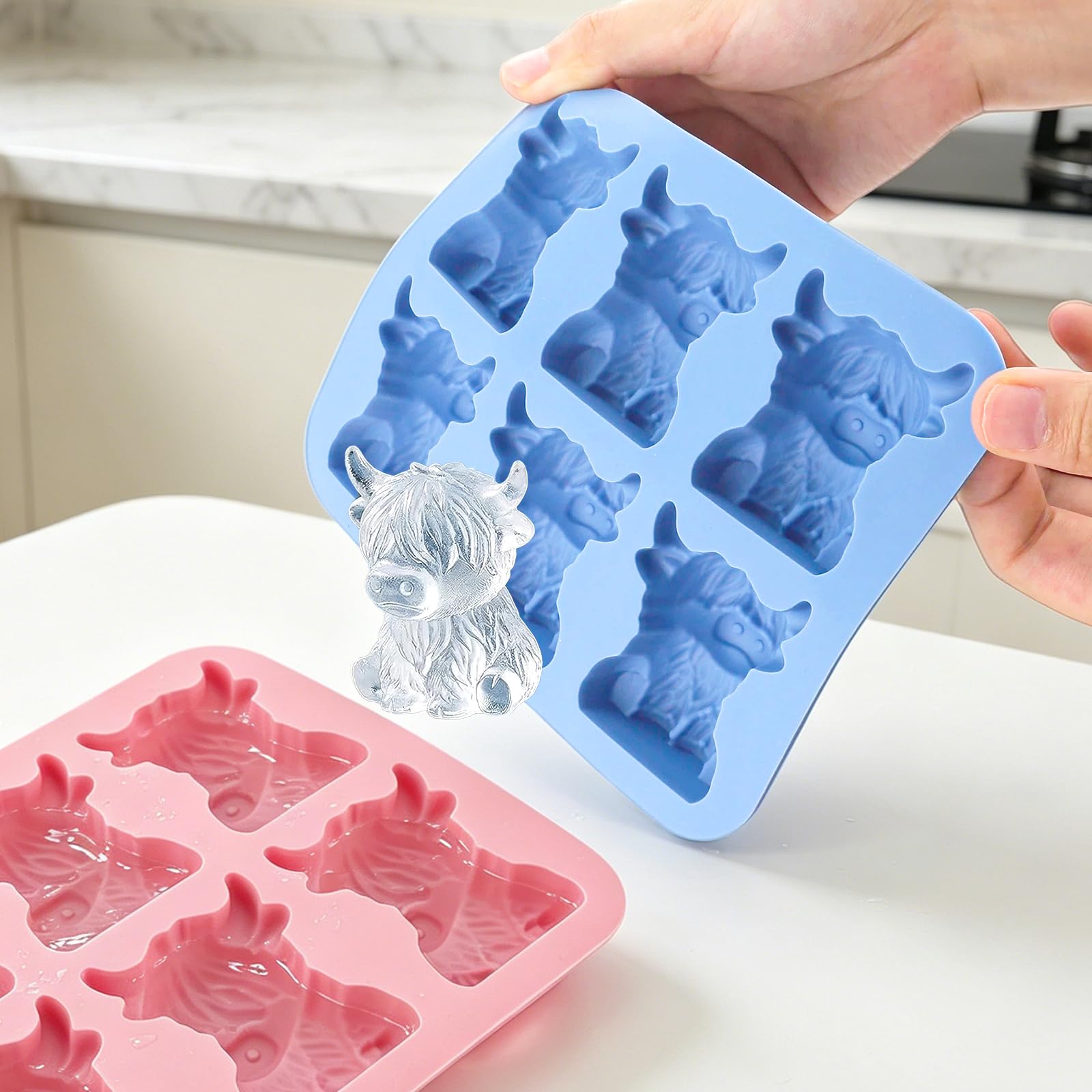 2 bandejas de cubitos de hielo de vaca de las tierras altas, bandeja de cubitos de hielo de silicona, moldes de cubitos de hielo, molde de hielo de vaca linda de fácil liberación, bandeja de hielo