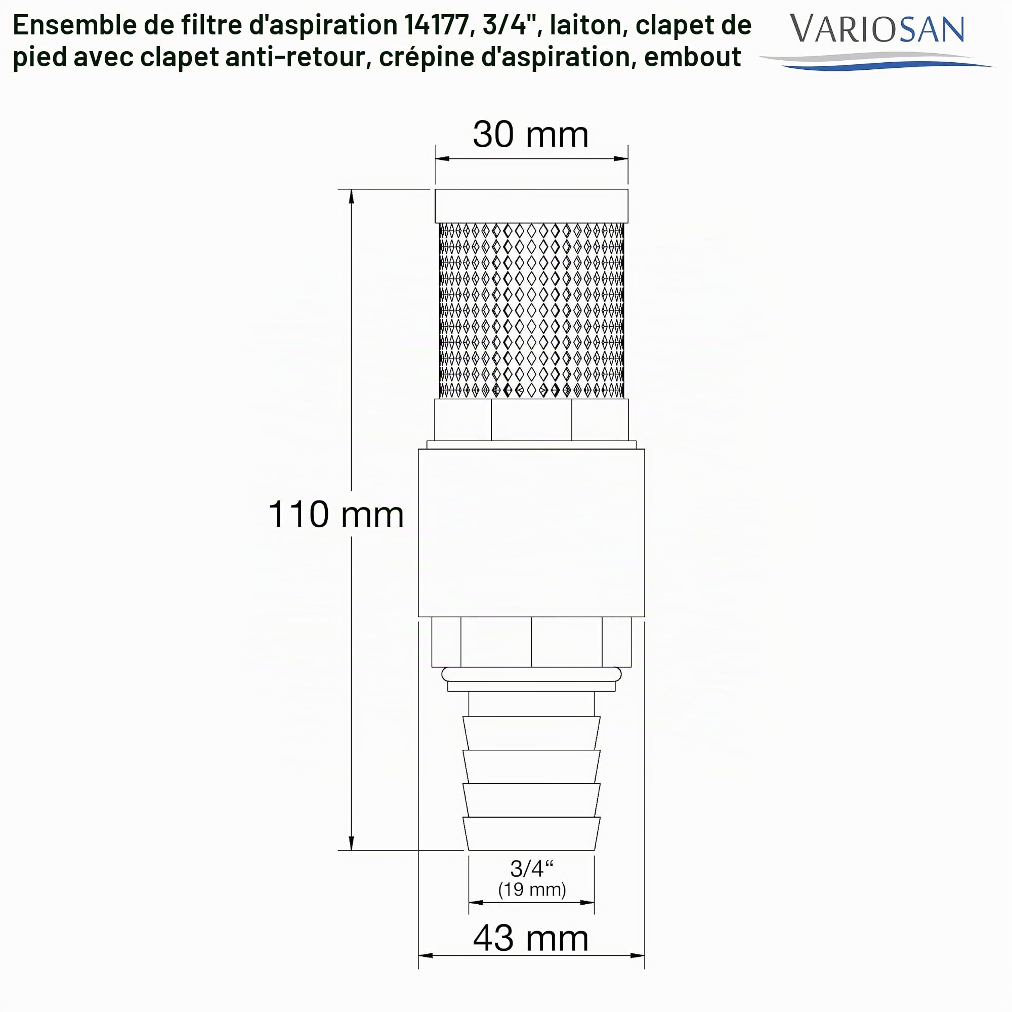 VARIOSAN Kit de filtre d'aspiration 14177, 3/4", Messing, clapet anti-retour