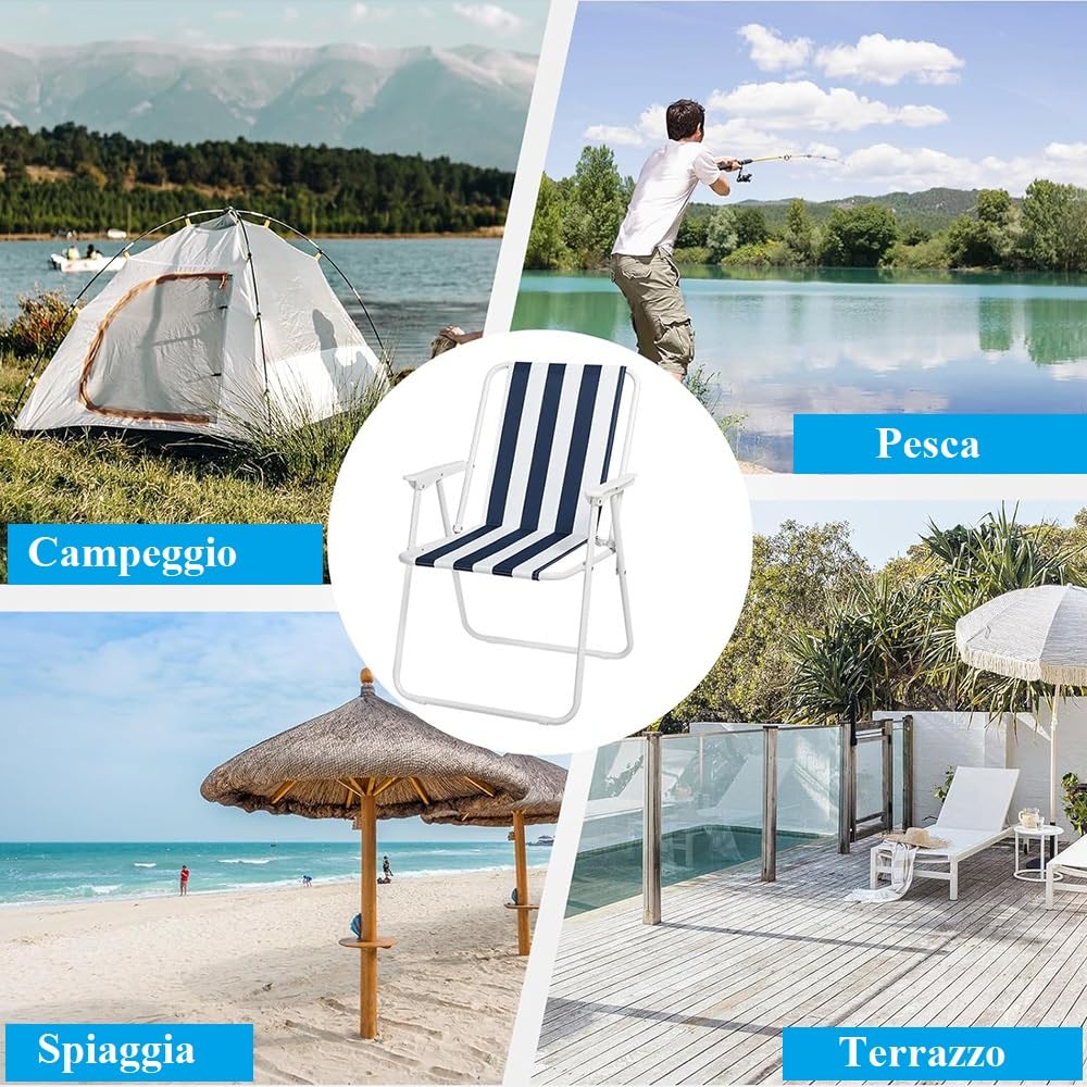 VIRSUS Sedia Pieghevole da Spiaggia 6440, 53x54x73 cm, Bianco e Blu, Spiaggina in Tessuto Traspirante con Braccioli