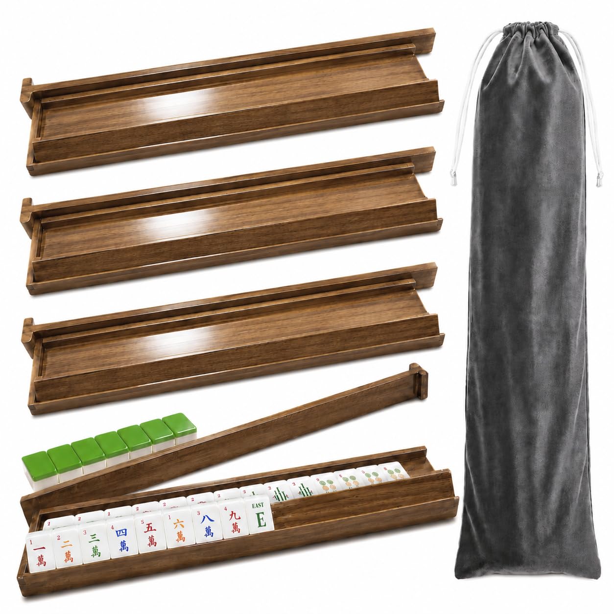 Photo 1 of ***DAMAGED*** 4PCS Acacia Mahjong Racks with Pushers, 19.7 In Natural Wooden American Mahjong Tile Rack, Magnetic Mah Jongg Racks for Mexican Train/Dominoes, Table Game Nights, Mah Jong Accessories with Storage Bag