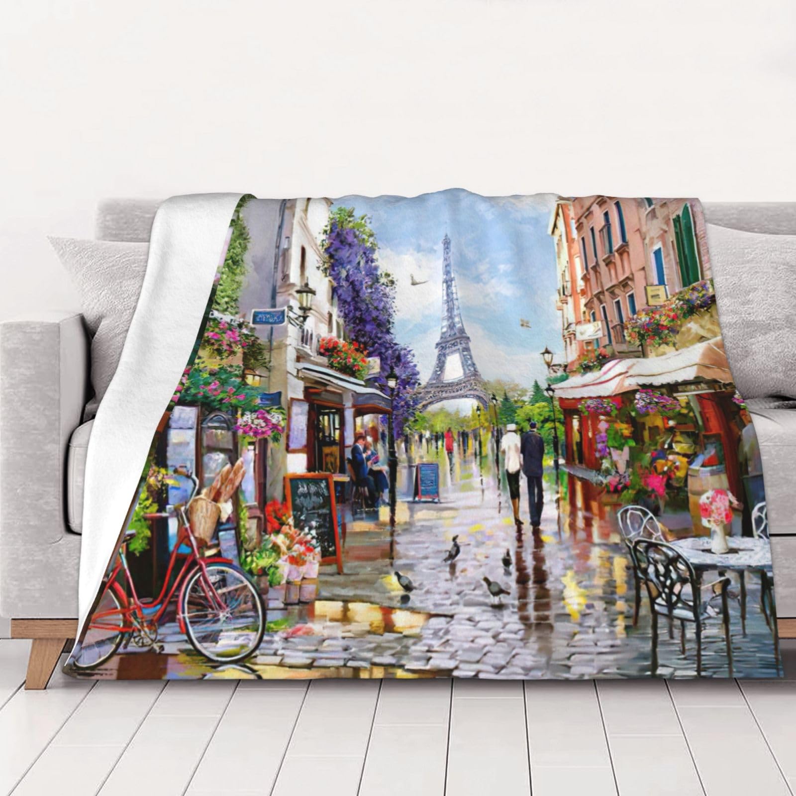 JEJEA Paris Street Scene Eiffel Tower print Flannel Blanket Plush Throw Super Soft Flannel Blankets for Couch, Bed, Sofa for All Seasons