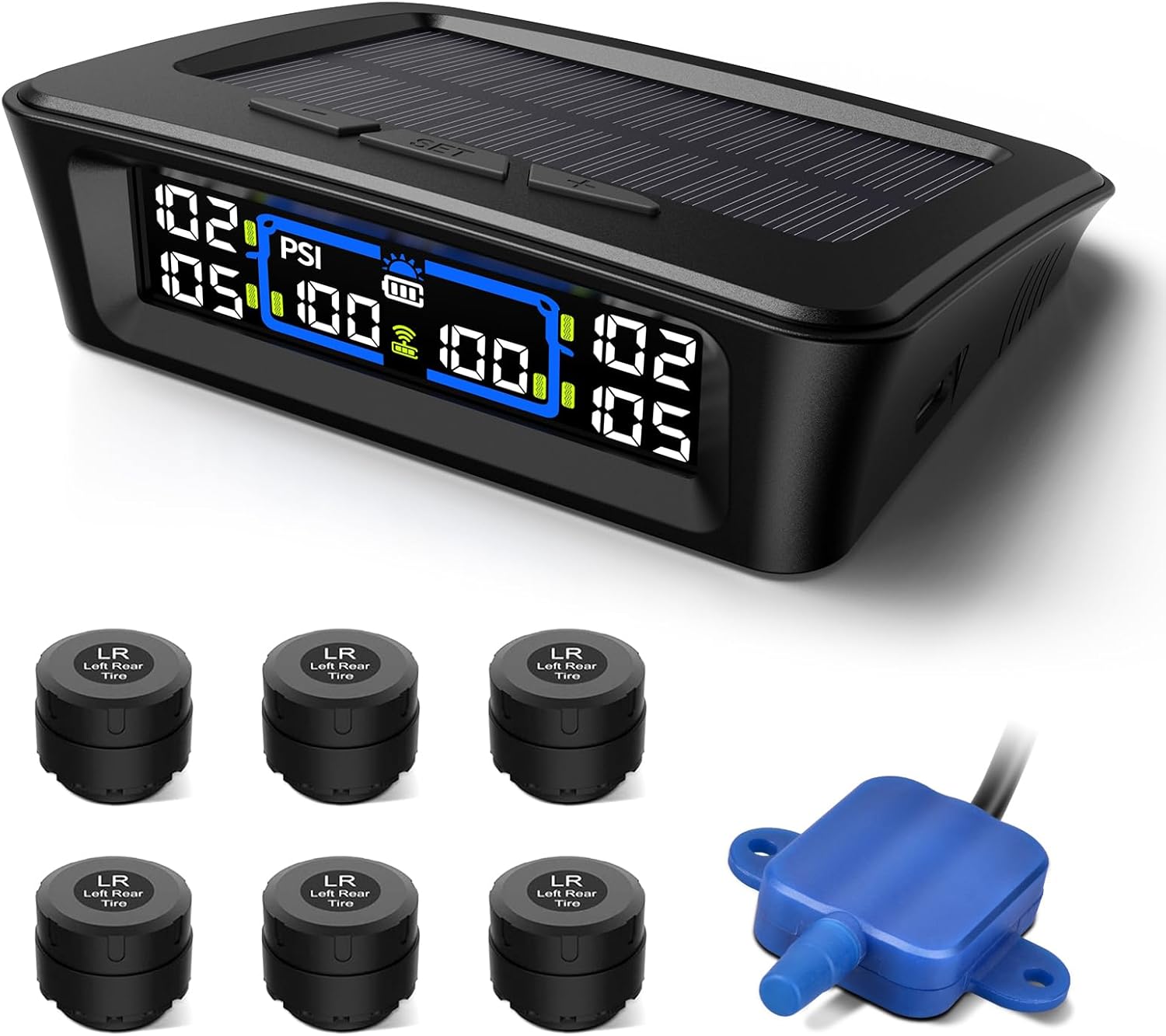 Tymate TM12 RV Tire Pressure Monitoring System, TPMS with USB/Solar Charge, 2026 Latest Version, Set of 6 Sensors(Max. 12)and Repeater, 6 Alarm Modes, 100ft Range, 0-116PSI for RV/Towing Large Trailer