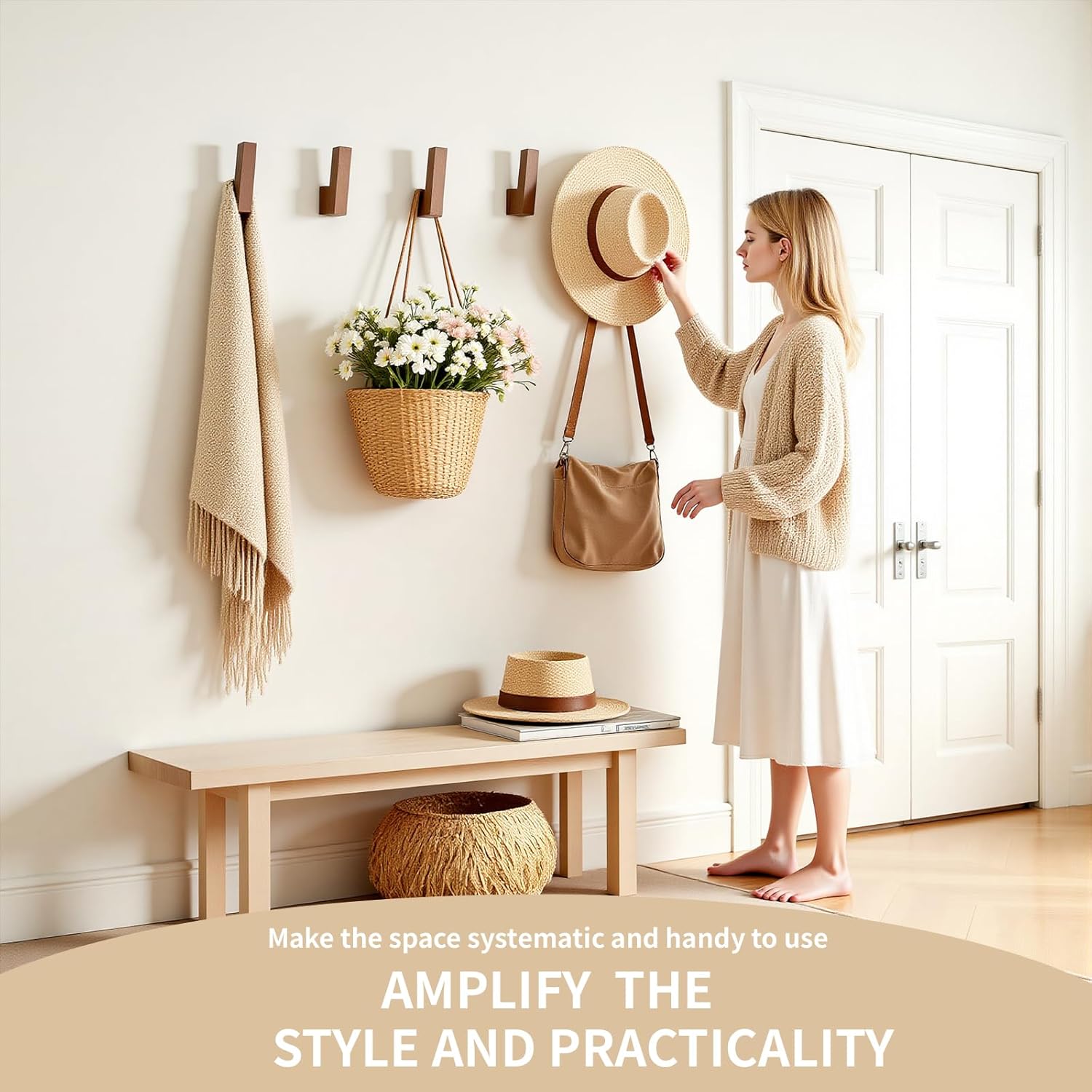 6 Pack Walnut Wood Wall Hooks – Handcrafted Solid Wood Hooks for Coats, Hats, Bags, Towels – Minimalist Design, Hidden Mount, Eco Wax Finish, Moisture-Resistant,Bathroom, Bedroom, Kitchen - Image 3