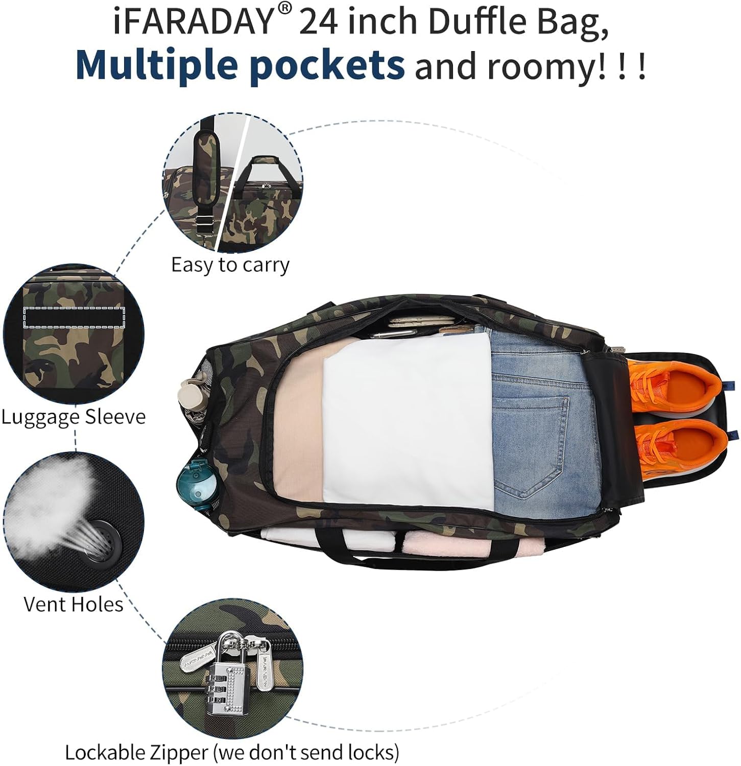 iFARADAY 47L Travel Duffel Bag with Shoe Compartment, Weekender Gym Duffle Bag with Luggage Sleeve & Multiple Pockets for Overnight Trips (Camouflage)