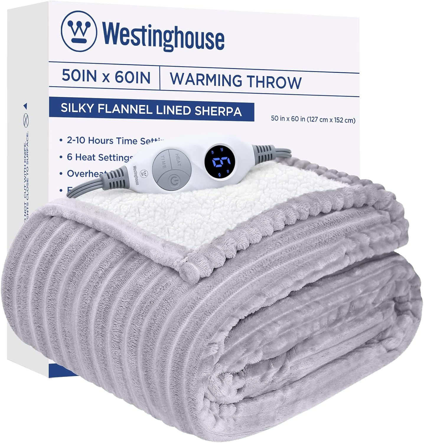 Westinghouse Heated Blanket Electric Throw 50"x60" with 6 Heating Levels & 2 to 10 Hours Heating Time Settings, Soft Flannel Sherpa Heating Blanket, Over-Heat Protection, Light Grey