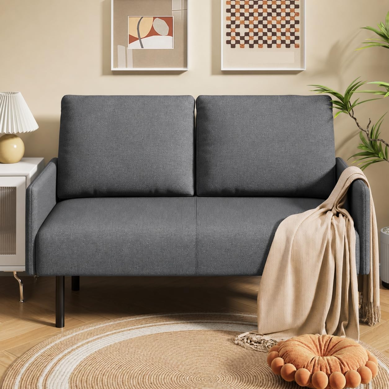 Sofá de Terciopelo de Rizo, Sofá Doble Ergonómico，Gris Oscuro | Espuma elástica relleno, armazón metálico reforzado, diseño minimalista versátil， Ideal para salones pequeños, apartamentos