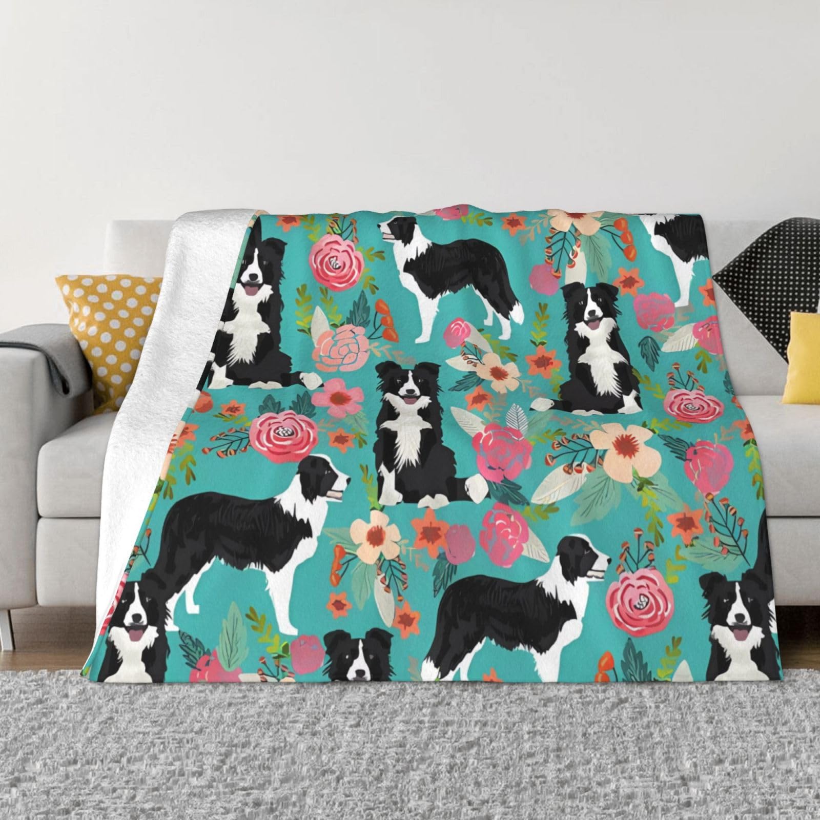 DEHIWI Border Collie Florals Flannel Fleece Blanket 80"X60" Ultra Soft Warm Cozy Throw Blanket All Season Blankets For Bed Sofa Living Room Outdoor