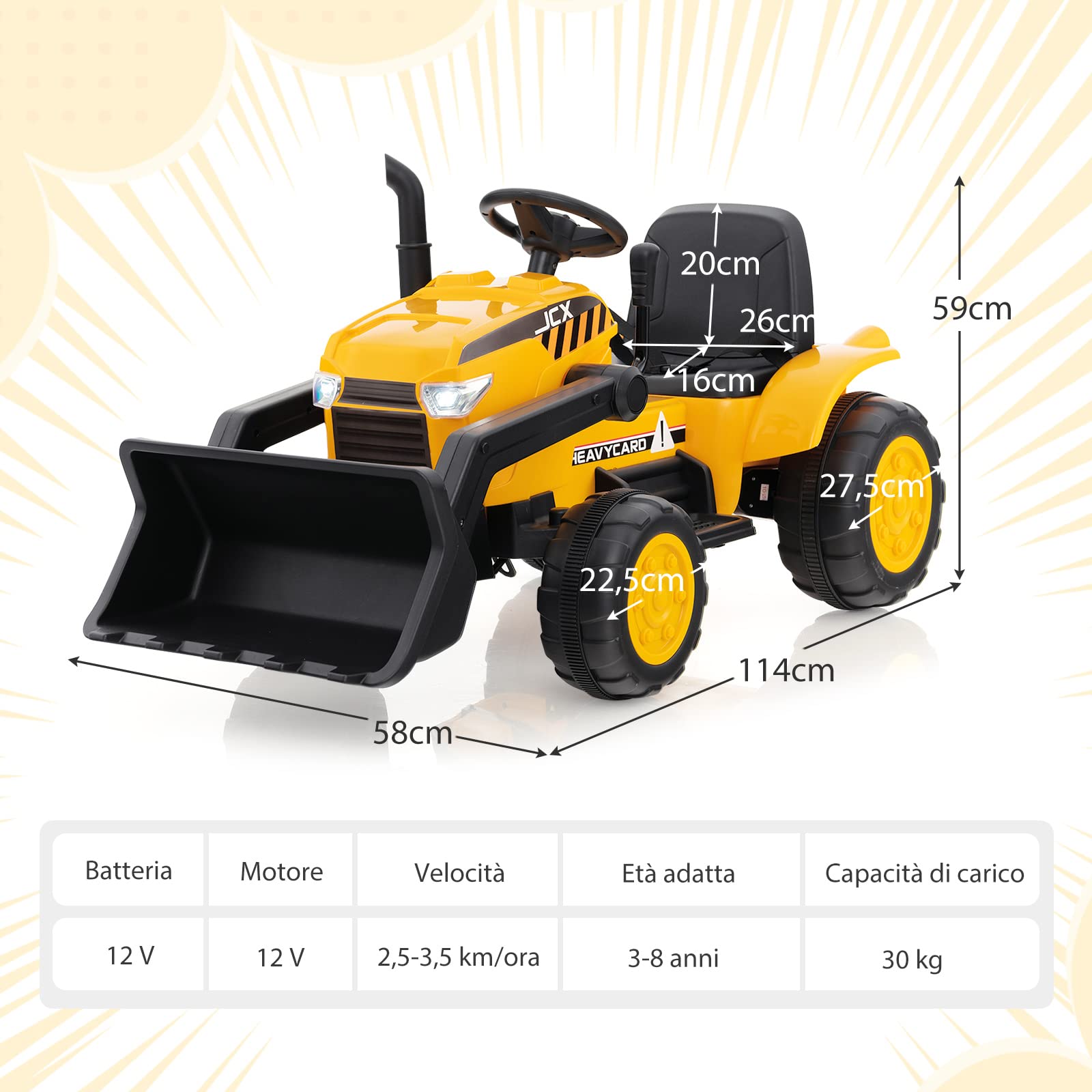 COSTWAY 12 V Escavatore per Bambini, con Telecomando, Benna di Scavo Regolabile Musica e Fari a LED, Ruspa Elettrica per Bambini di 3-8 Anni, Giallo