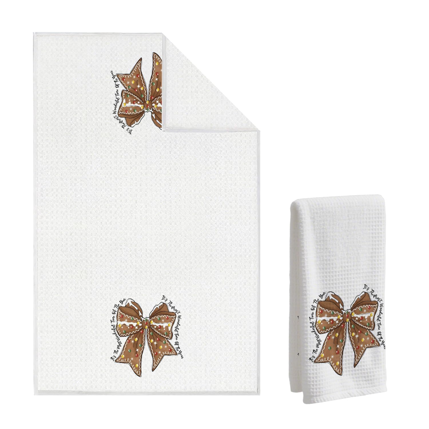 Gingerbread Bow Christmas Waffle Towel Cookie Hand Towel Holiday Dish Tea Towels 16x24 Inch Decor for Christmas Kitchens