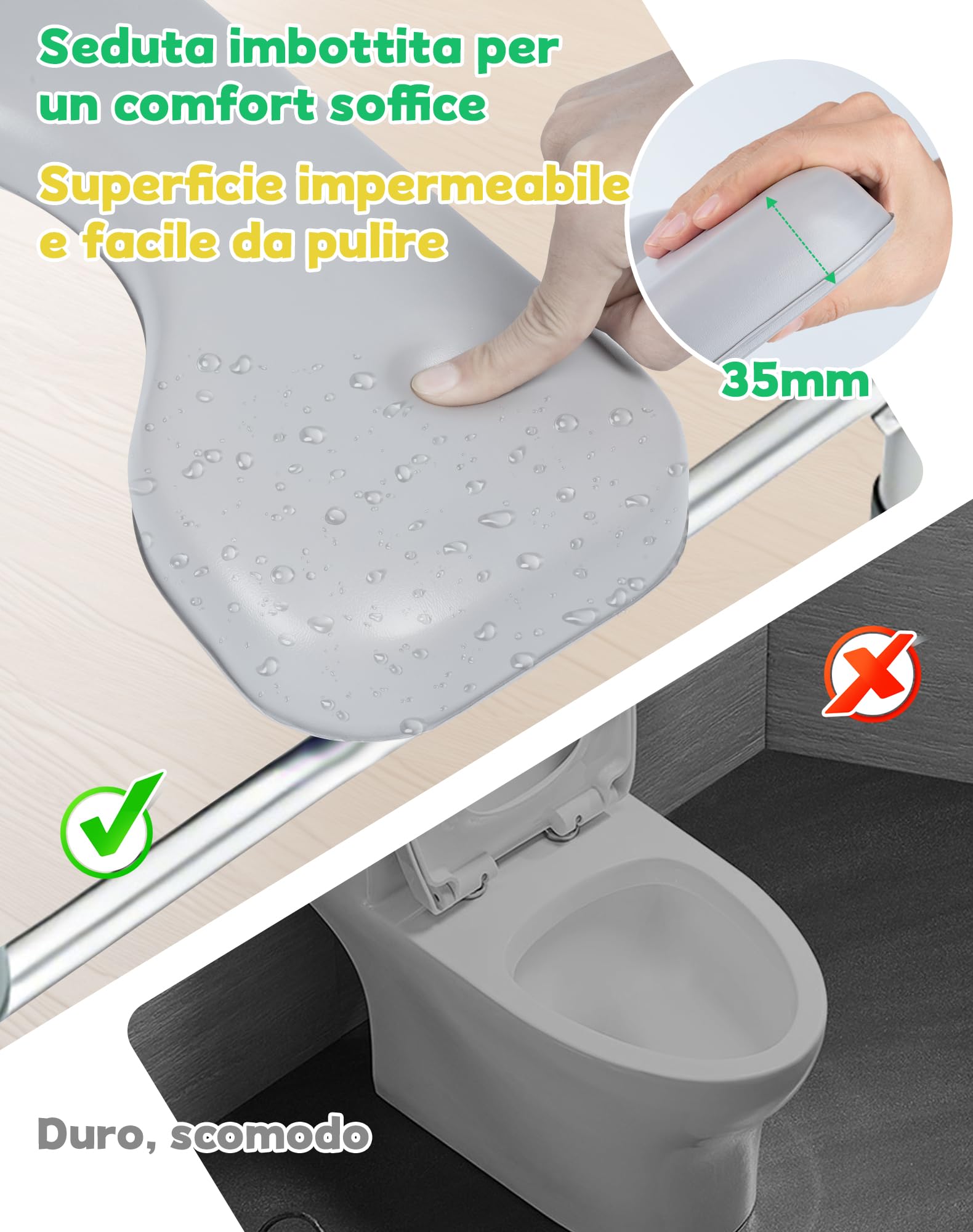 Rialzo per WC con braccioli, 15 cm, rialzo per WC, per anziani, sedile WC rialzato, 7 altezze regolabili, per adulti, fino a 150 kg