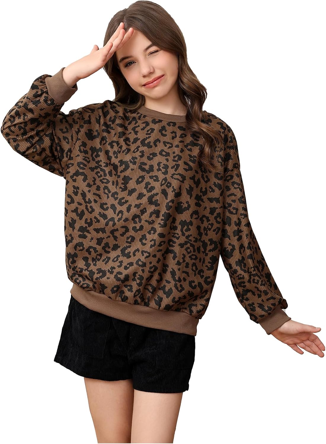 SweatyRocks Girl's Crewneck Sweatshirt Long Sleeve Leopard Print Sweatshirt Pullovers Tops
