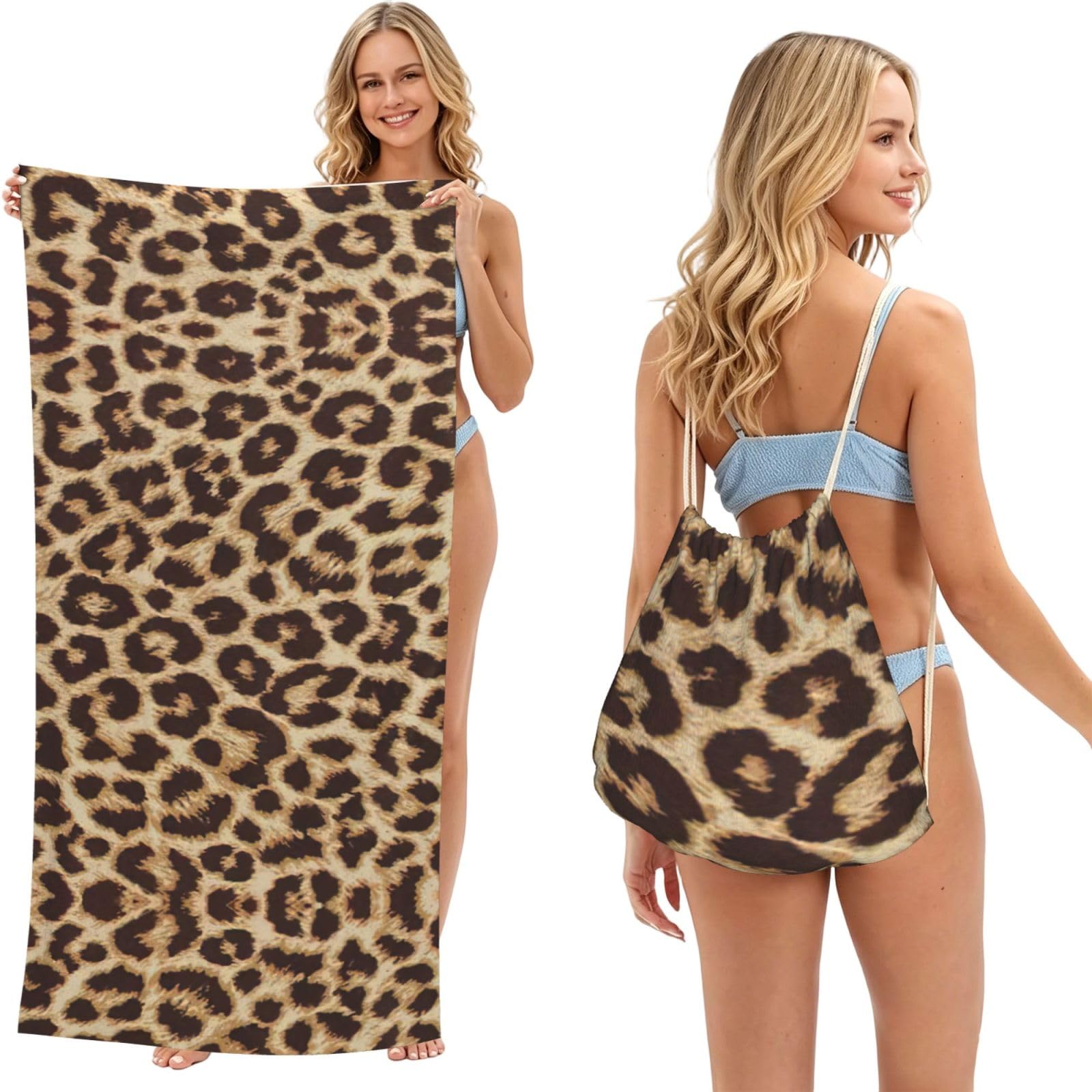 aacxzff Leopard Pattern Print 2 in 1 Packable Towel Bag, Drawstring Beach Towel Backpack,80x160cm for Beach trips