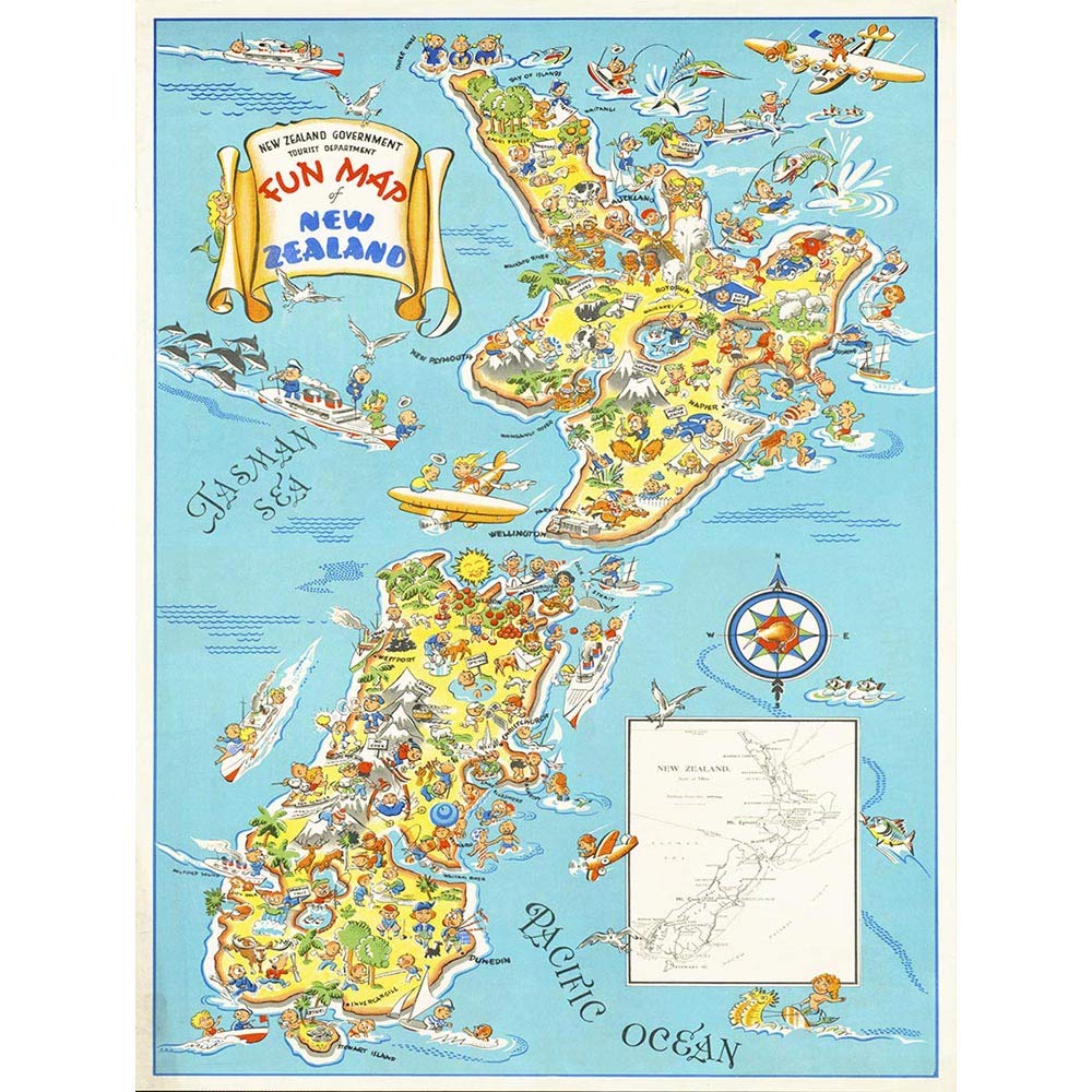 Wee Blue Coo Map Zealand North South Island Tourism Art Print Poster Wall Decor 12X16 Inch