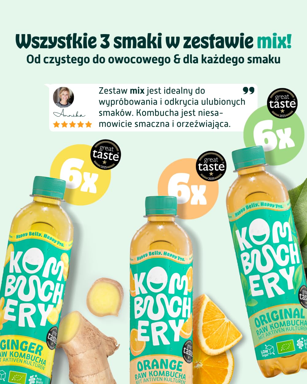 KOMBUCHERY® Mix Raw Kombucha Bio | 18 x 400 ml | Fermentowana herbata z żywymi kulturami jelitowymi | Niska zawartość cukru i niskokaloryczna | niepasteryzowana, probiotyczna, wegańska, zwycięzca