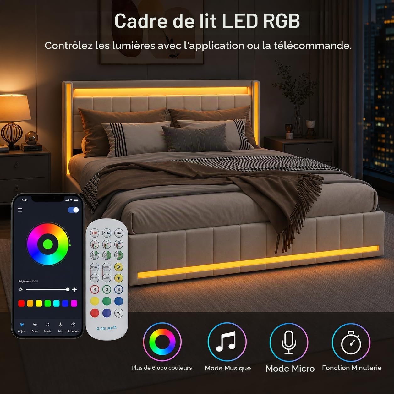 Lit Double 140x200cm avec LED et USB, Lit Rembourré avec 4 Tiroirs de Rangement, Cadre de Lit Moderne 2 Places pour Chambre Adulte et Adolescent,Beige Lin