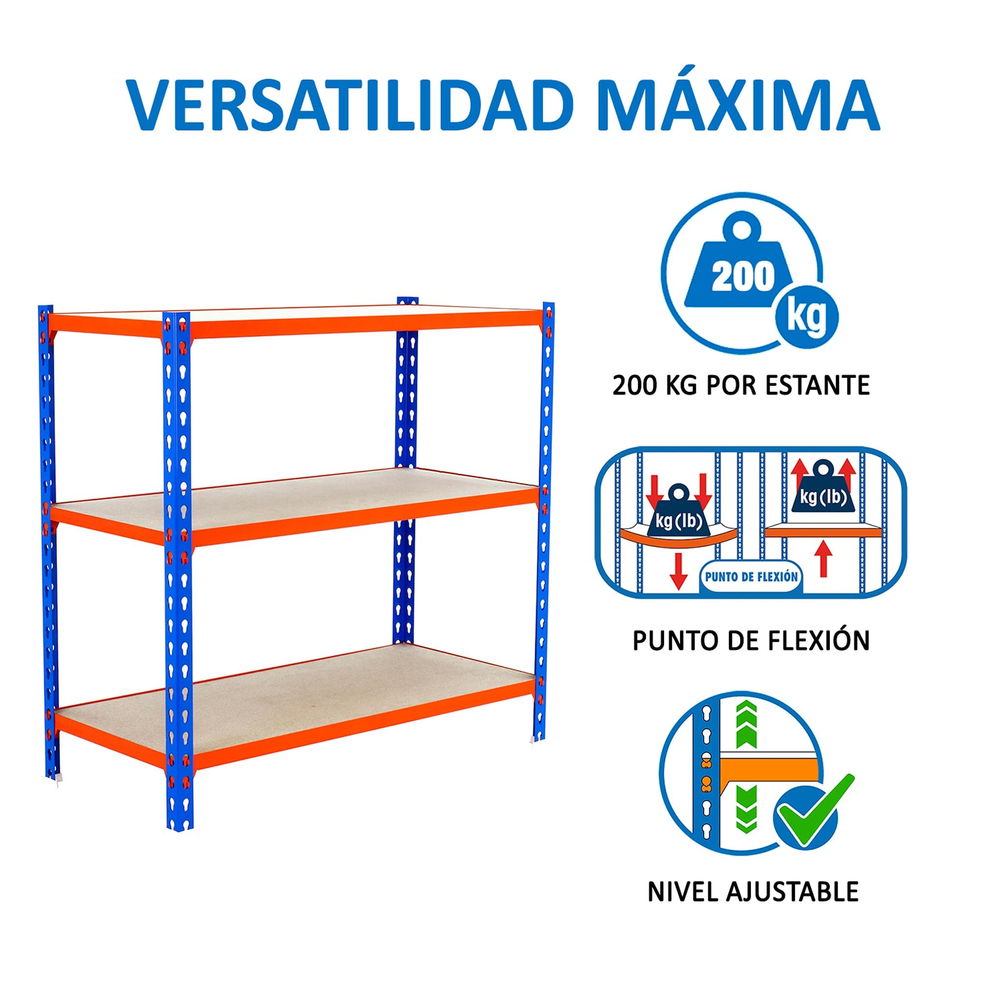 Simon Rack Schwerlastregal, 1000x1100x300 mm, Bis 200 kg Belastbar, 3 Verstellbare Ablagen, MDF-Platten, Kellerregal, Lagerregal, Blau/Orange/Holz - Simonclick