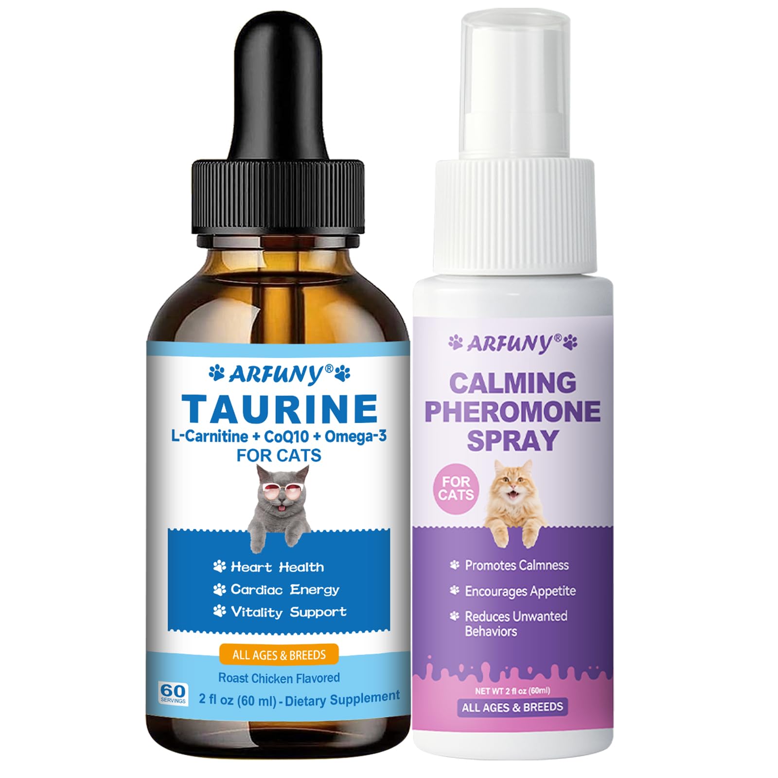 Pack Calme & Bien-Être pour Chats - Supplément de Taurine + Spray Apaisant aux Phéromones pour Chats - Soutien du Cœur, Immunitaire et Anti-Stress