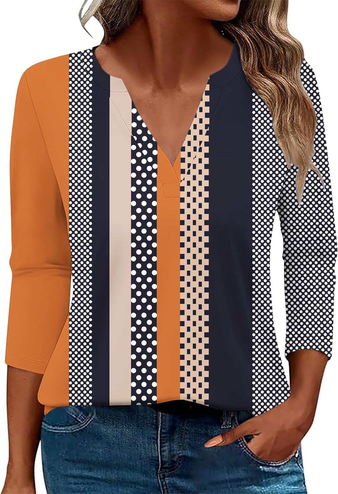 Women 3/4 Sleeve Floral Tops Dressy Casual Summer Blouses T Shirts V Neck Trendy Blouse Tunic Loose Fit Boho Clothing