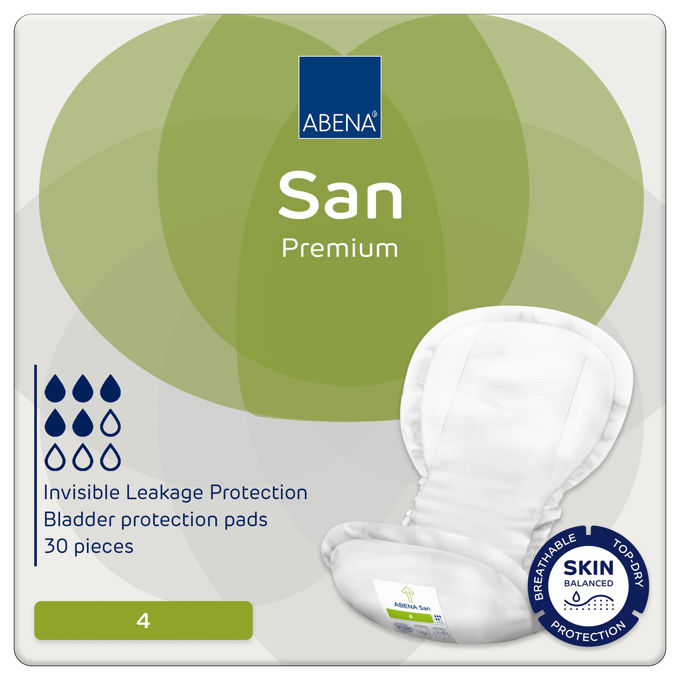 Abena San 4 Incontinence Pads Women and Men | 800ml Absorbency | 30 Pack | Fast Absorbing Incontinence Products, Discreet & Effective Shaped Incontinence Pads for Men/Women.