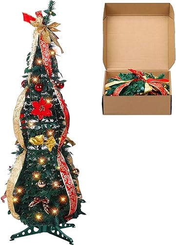 Liliful Árbol de Navidad predecorado de 4 pies con luces, árboles de Navidad plegables y artificiales, preiluminados, con adornos, cinta y lazo para