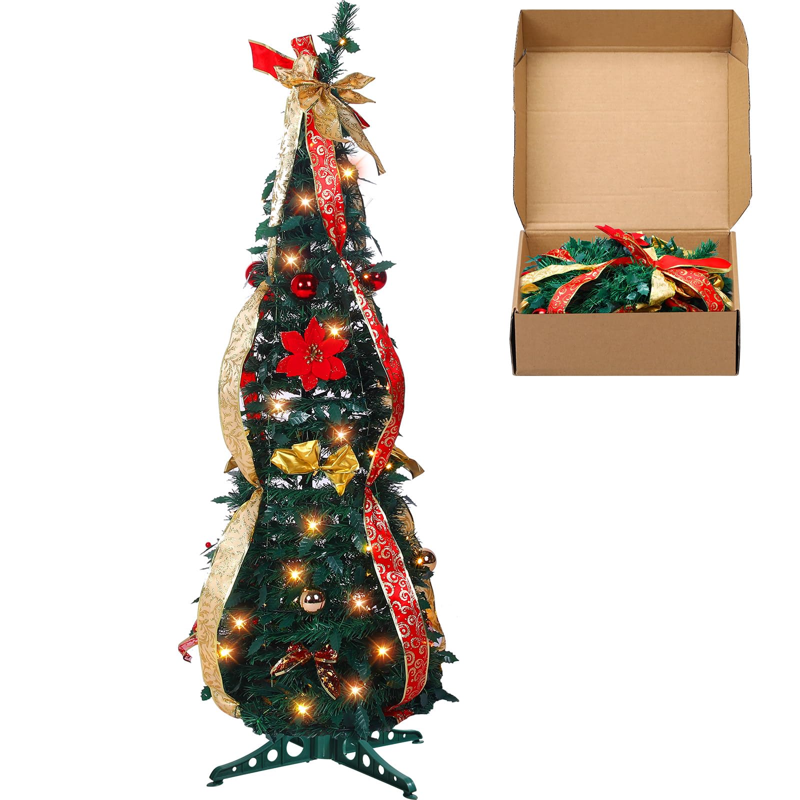 Liliful 4 Ft Pre Decorated Christmas Tree with Lights Collapsible Pop up Xmas Trees Artificial Pre Lit Christmas Tree with Ornaments Ribbon and Bow for Christmas Xmas Holiday Party Decorations