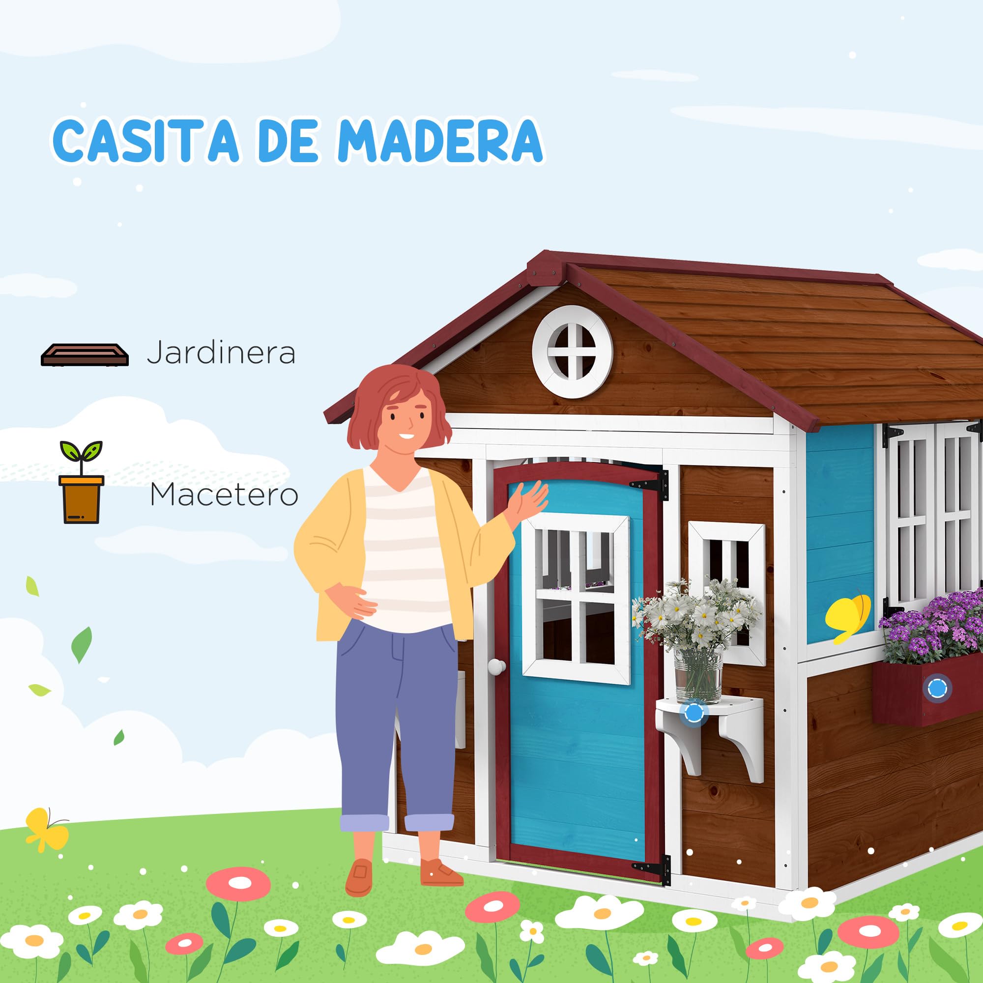 Outsunny Casita Infantil Madera Puerta Ventanas Jardineras Soportes Flores Casa Jardín Niños 3-8 Años Marrón Oscuro