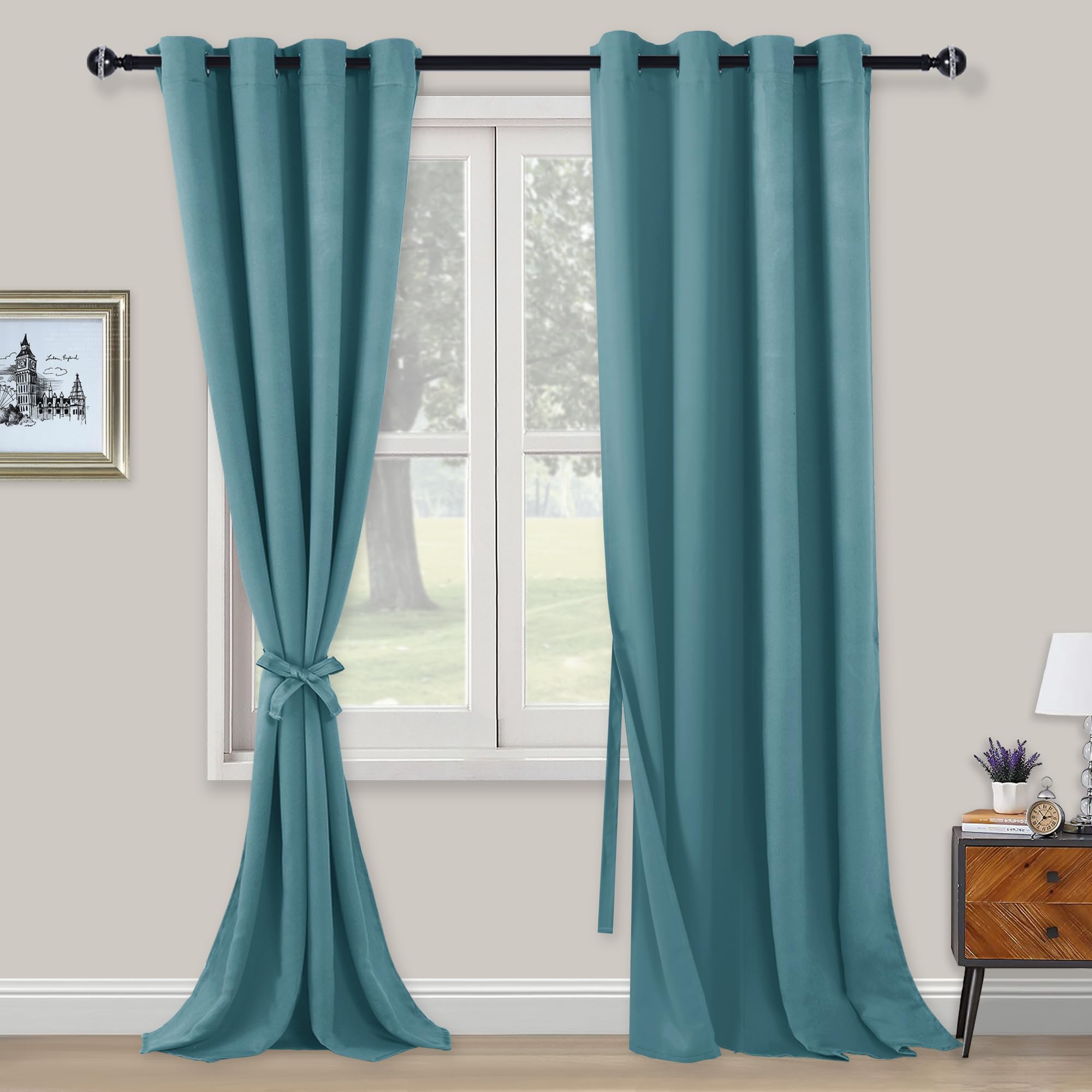 XWZO Blackout Curtains Shades Window Curtain Panels with Tiebacks- Noise Reduction and Thermal Insulated Eyelet Curtains for Bedroom,Living Room,Office,Study Room Turquoise W55xL96