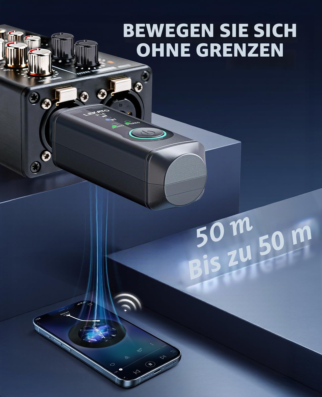 LEKATO P16 Bluetooth XLR Empfänger, 2 Hi-Fi Empfänger mit 50 m Reichweite, Stereo Funk-Audioempfänger mit 15H Akkulaufzeit, Mono/Stereo-Modus, Bluetooth-Adapter für PA, DJ und Mixer