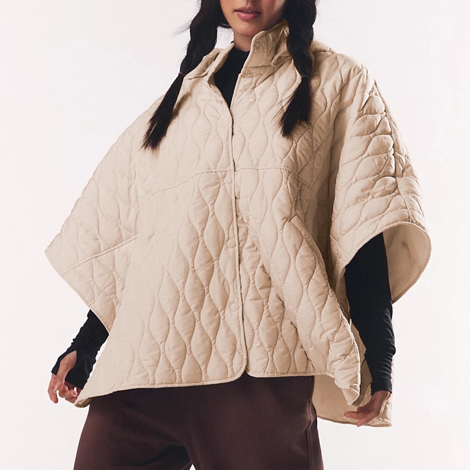 Songling Womens Oversized Splice Quilted Poncho Lightweight Puffer Jacket Hoddie Button Down Casual Padded Coat Outwear