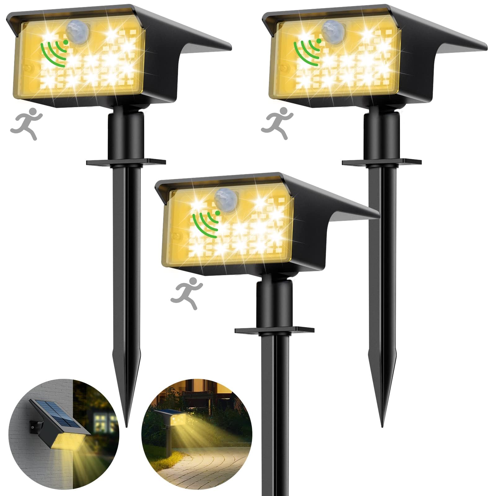 nipify Luces Solares LED Exterior Jardin con Sensor de Movimiento，[3 Paquete/62 LED/3 Modes], IP65 Focos Exterior Solares Potente Lamparas Suelo para Patio,Caminos,Terraza,Suelo,Césped, Blanco Cálido