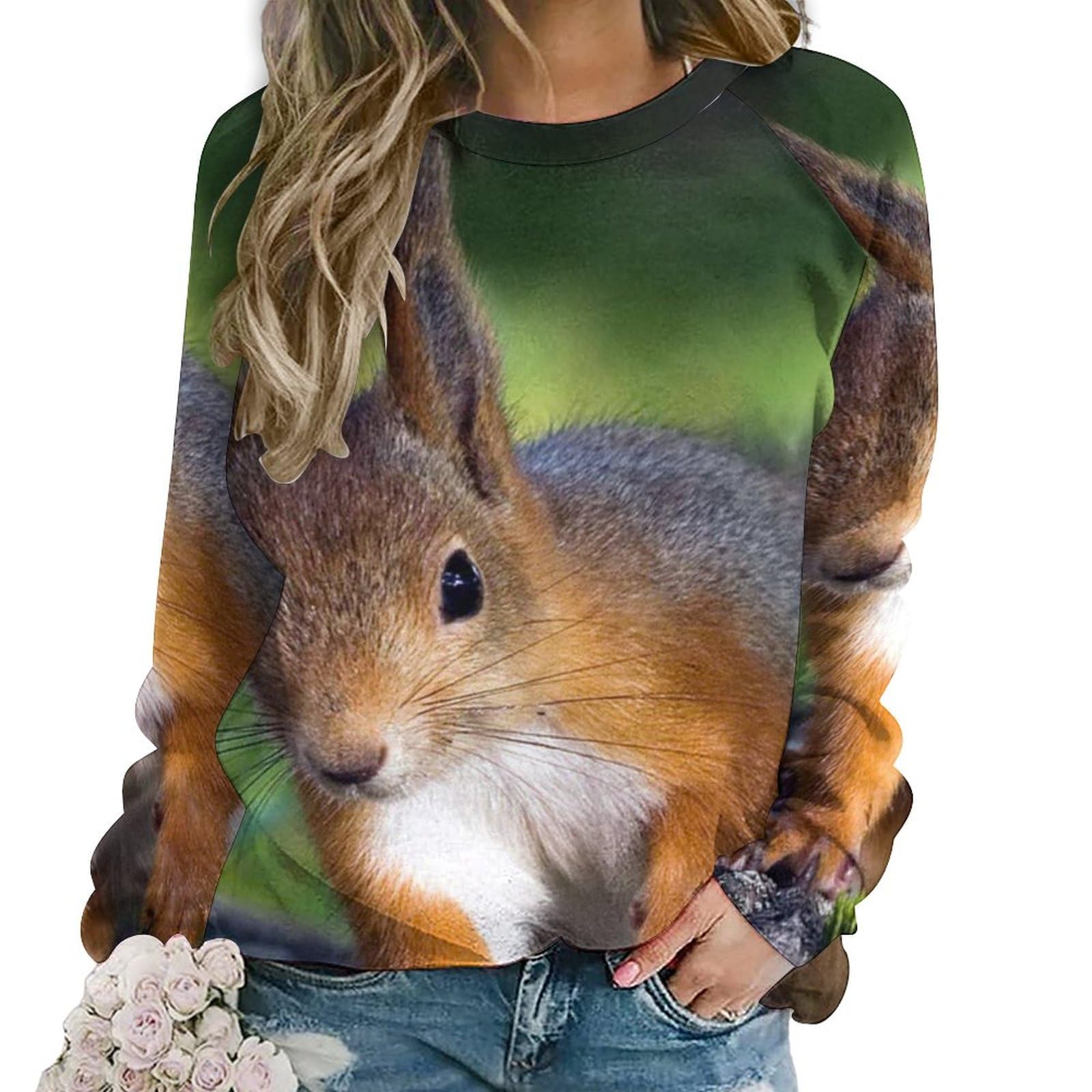 Qjjinxior Women's Cute Squirrel Casual Jumper, Sweatshirts For Crewneck Long Sleeve Top