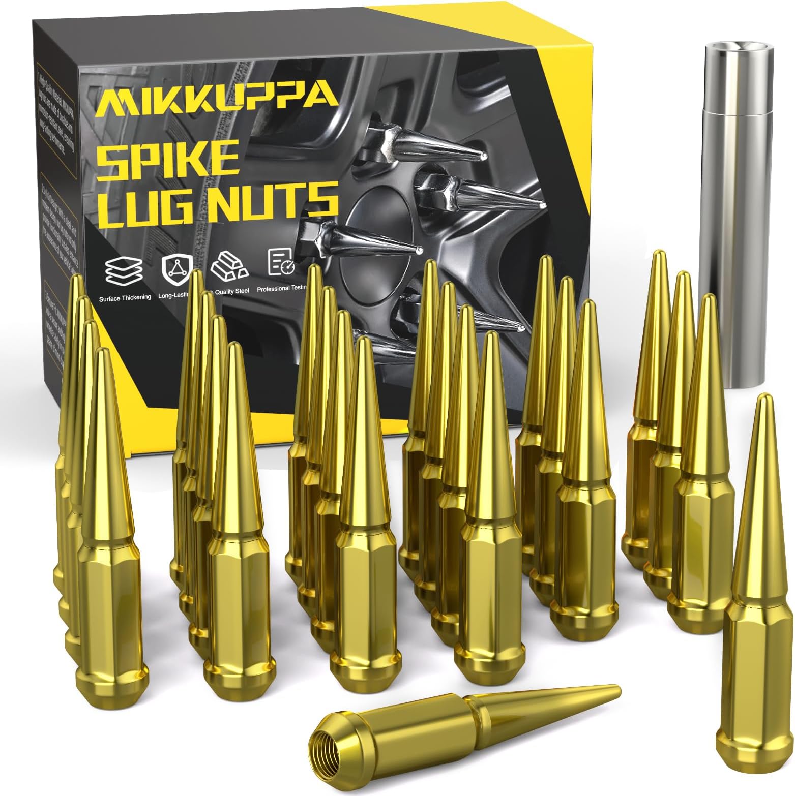 MIKKUPPA M14 x 1.5 Gold Spike Lug Nuts - 24PCS Closed End Lug Nut Set, Compatible with 1999-2022 Chevrolet Silverado, 2001-2022 Chevrolet Tahoe& More，3/4" Hex Spiked Lug Nut with 1 Socket Key