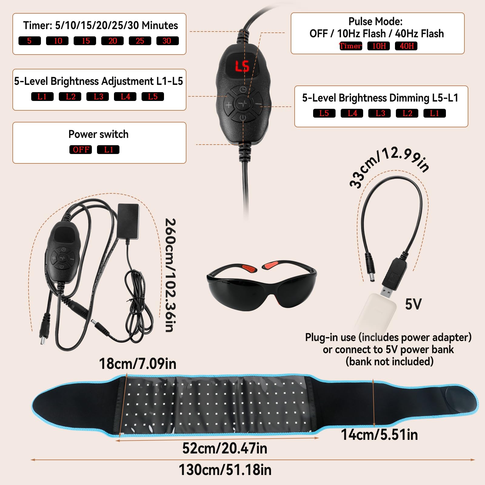 Cinturón de terapia de luz roja de 660 nm con luz roja y 850 nm con ajustes de temporizador y gafas para cintura, muslo, brazos, etc. Alivio muscular para hombro, espalda, cintura y abdomen