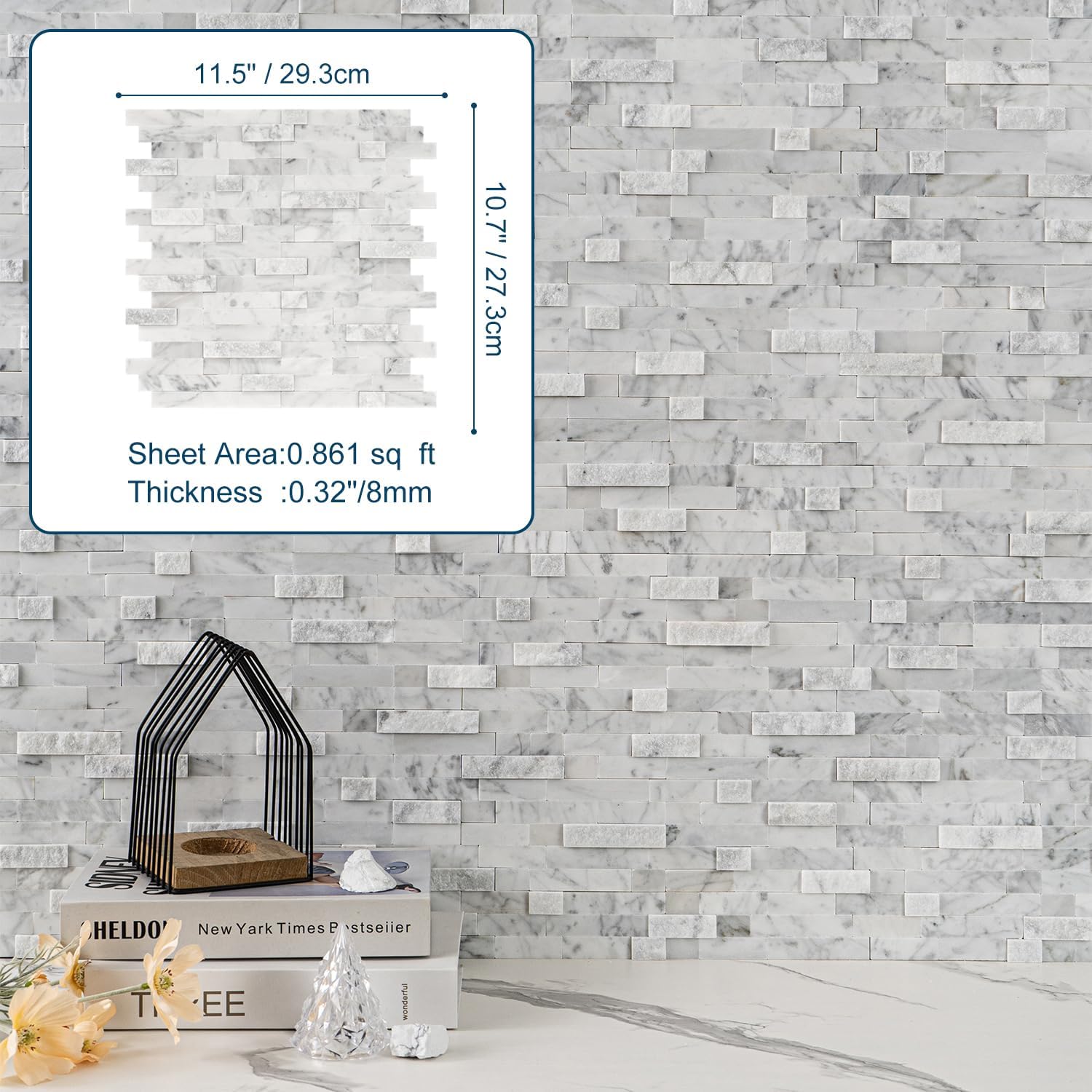 Peel and Stick Stone Backsplash, 5-Sheet Peel and Stick Stone Tiles 3D Marble Look Mosaic Tile for Kitchen Fireplace