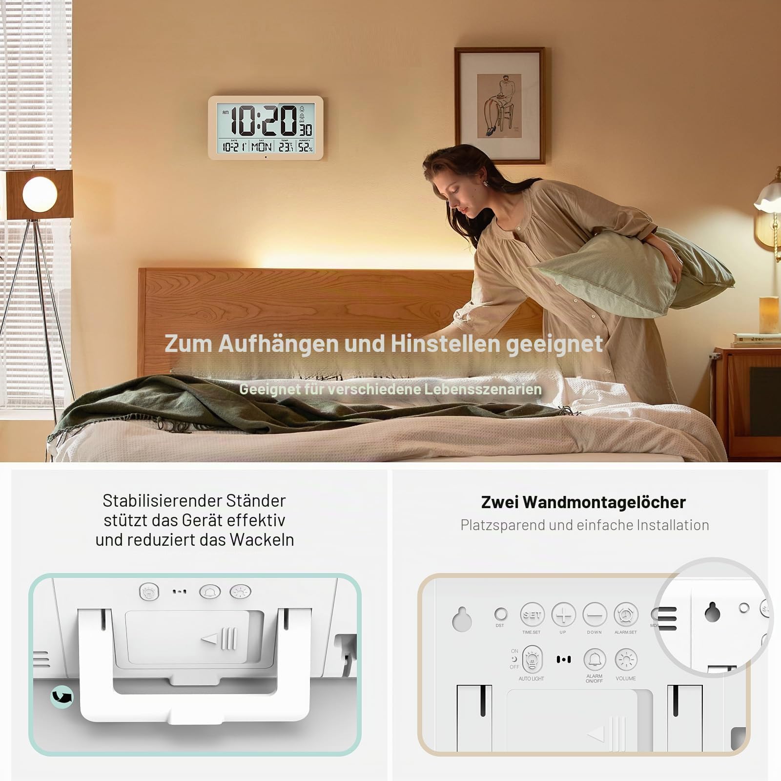 Wecker Digital Große Display, Wanduhr mit Temperaturanzeige und Feuchtigkeitsanzeige, USB/Batteriebetrieben Digitaluhr mit Autodimmer, Tischuhr mit Doppelalarm und Schlummerfunktion