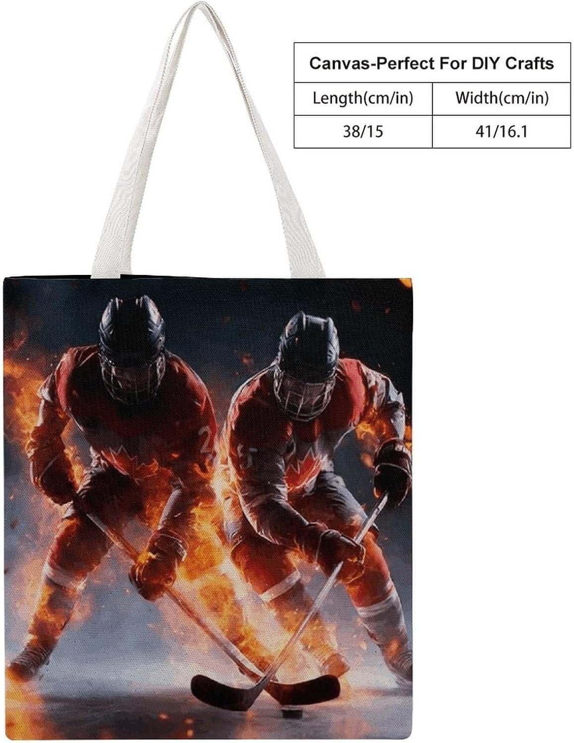 Ice Hockey Fire Player Canvas Tote Bag Reusable Grocery Bags Foldable Soft Cotton Shoulder Carry Bag
