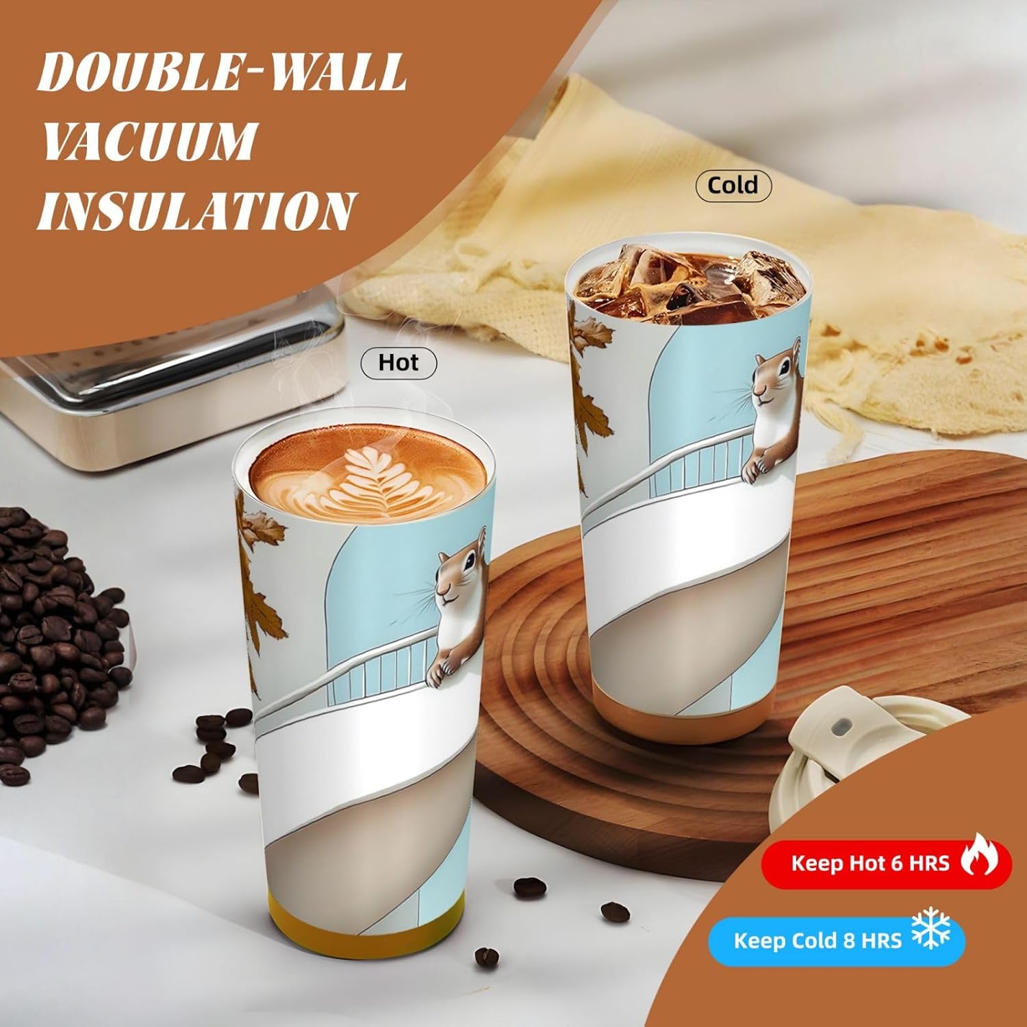 Unique Customized Coffee Mug - Insulated Stainless Steel Tumbler for Travel, Home & Office - 17 oz Squirrels on the Roof Red