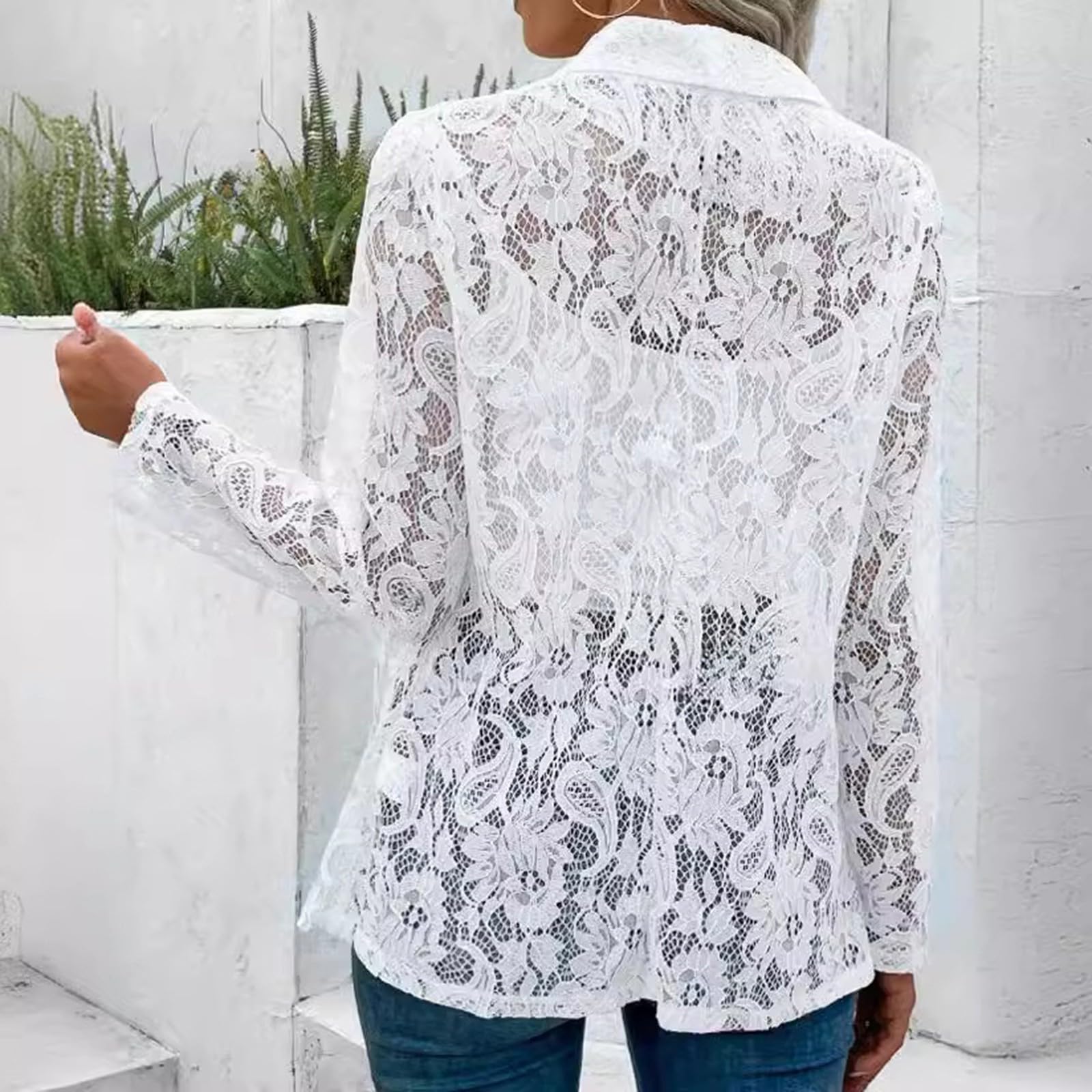 Cardigan Femme Dentelle Transparente Tops en Dentelle Maille Vestes Blanc Femmes Chic et élégant Hauts Manches Longues Top Y2K Transparent Sexy Slim T-Shirt Party Club Soirée Couleur Unie