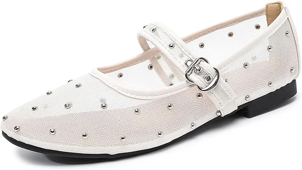 AHZEHRSE Mesh Ballet Flats Shoes for Women Comfortable Studded Mary Jane Shoes Ballerina Buckle Strap Business Office Work Dress Shoes
