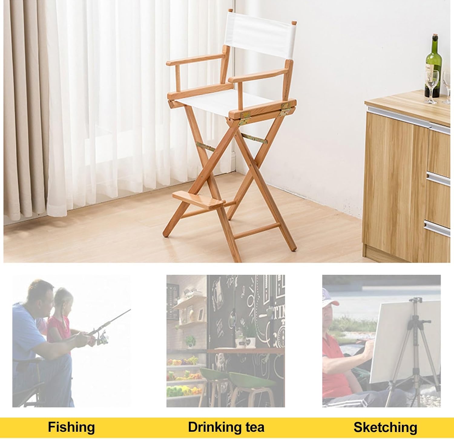Tall Directors Chairs Foldable 75cm/30'', Makeup Chair for Makeup Artist, 150kg/330lbs Capacity, Solid Beech Portable Chair forMakeup Studio, Bar, Fishing, Tea, Sketching(Black)