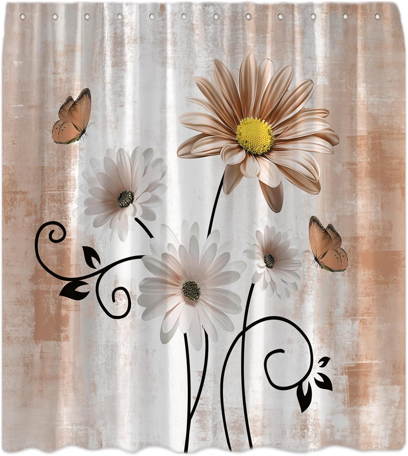 Rustic Farmhouse Shower Curtain Sage Green Daisy Floral Flowers and Butterfly Country Abstract Art Bath Curtain with Hooks