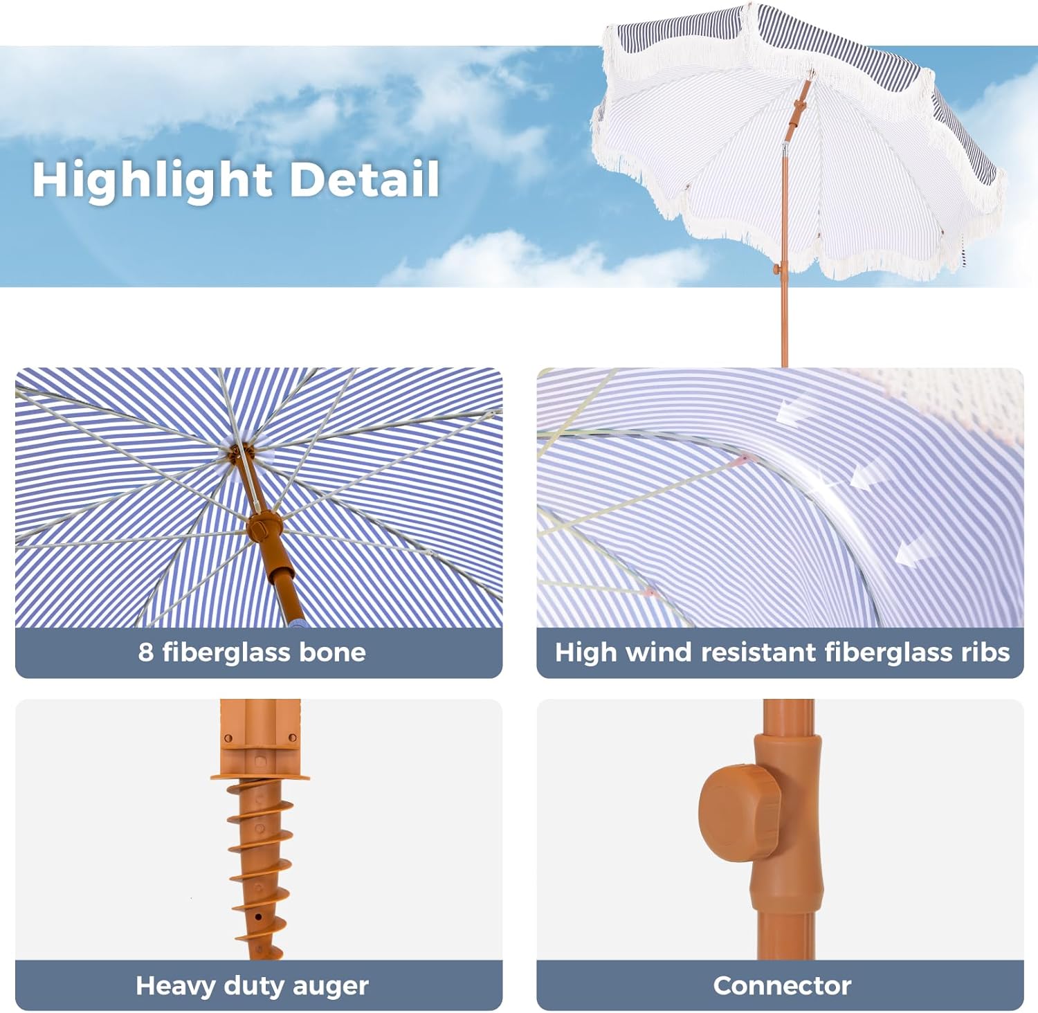 GREEN PARTY 7ft Patio Umbrella with Fringe, Portable Outdoor Beach Umbrella with Sand Anchor, Carry Bag, Push Button Tilt, UPF 50+ Protection, Blue Striped - Image 4