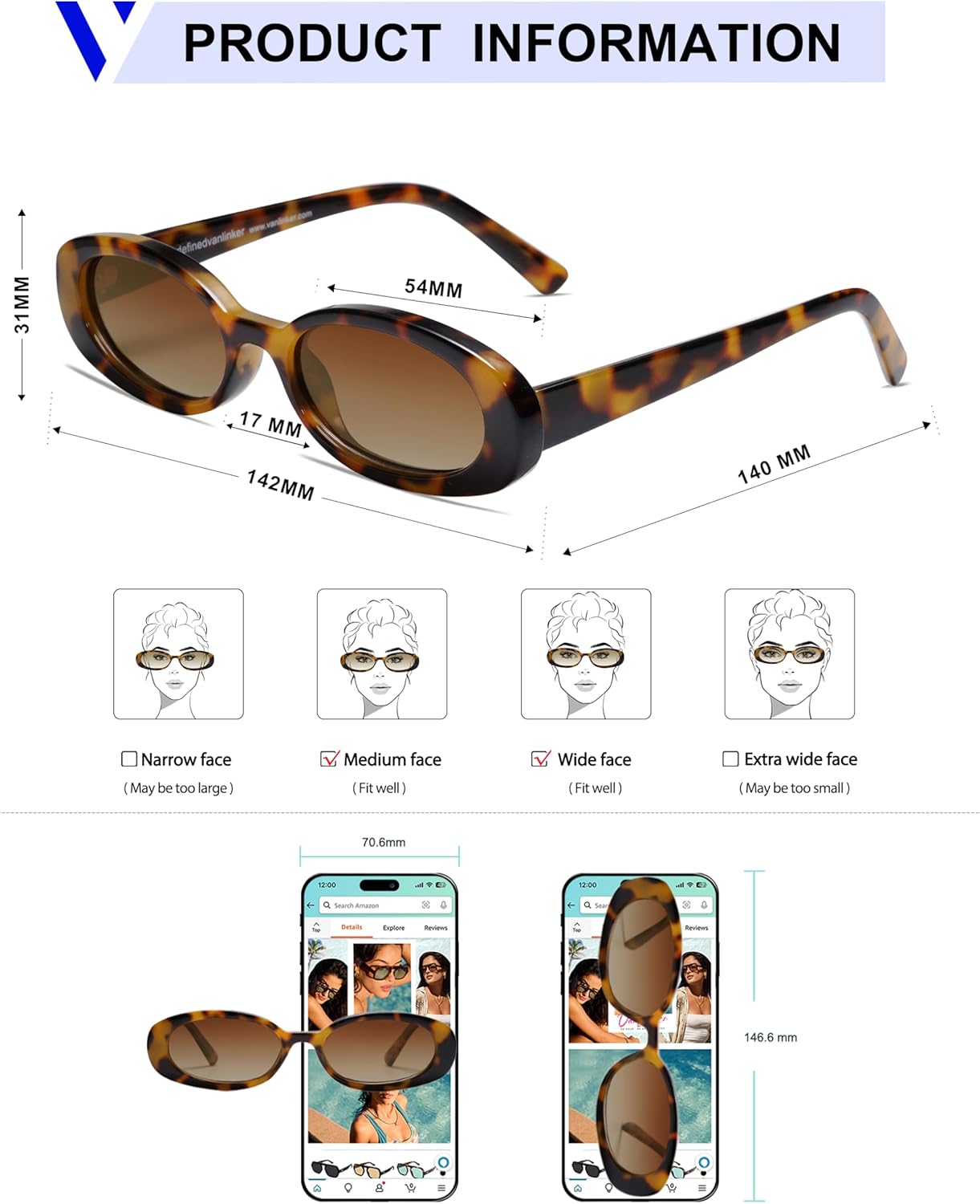 VANLINKER Polarized Retro Oval Sunglasses for Women and Men Small 90s Style VL9580 - Image 2